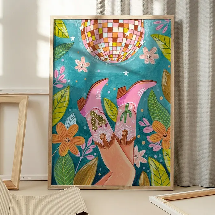 Papermoon Bild - Boots and Disco, B x H: 80 x 110 cm, Ohne Passepartout, Rahmen Eiche - Gerahmtes Kunstwerk mit Cowboystiefeln, Disco-Kugel und Blumen auf blauem Hintergrund, das eine verspielte und trendige Atmosphäre ausstrahlt.