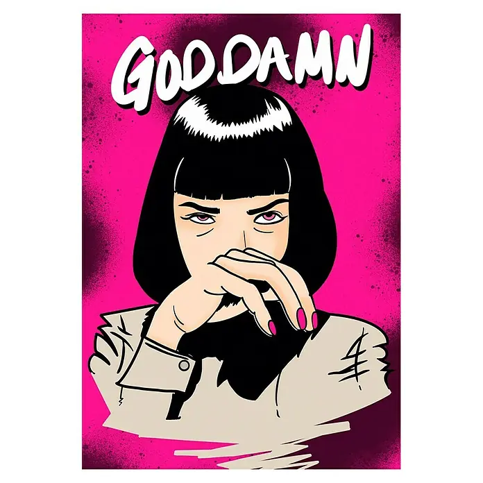 Papermoon Poster - Goodamn!, B x H: 100 x 140 cm, Ohne Passepartout - Das Pop-Art-Bild zeigt eine Frau mit schwarzem Bob und pinkfarbenem Hintergrund, über der das Wort "GODDAMN" steht.