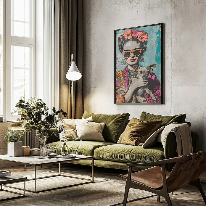 Papermoon Bild - Frida Chihuahua, B x H: 40 x 50 cm, Ohne Passepartout, Rahmen Schwarz - Wohnzimmer mit grünem Sofa, Couchtisch und einem Porträt von Frida Kahlo mit einem Chihuahua an der Wand.