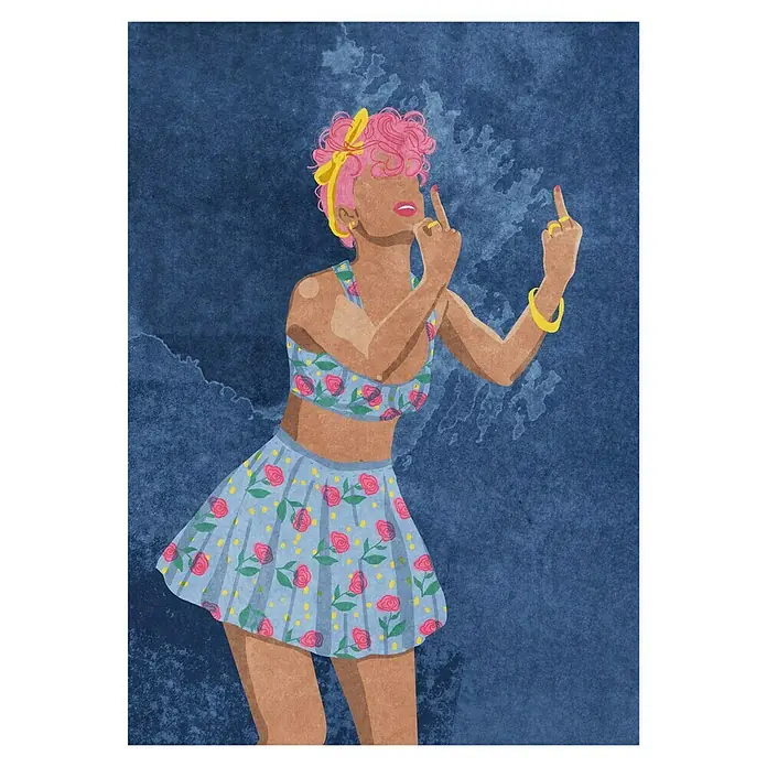 Papermoon Poster - Not Your Girl, B x H: 50 x 70 cm, Ohne Passepartout - Illustration einer Frau mit rosa Haaren in einem floralen Set, die beide Mittelfinger zeigt, vor einem blauen Hintergrund.