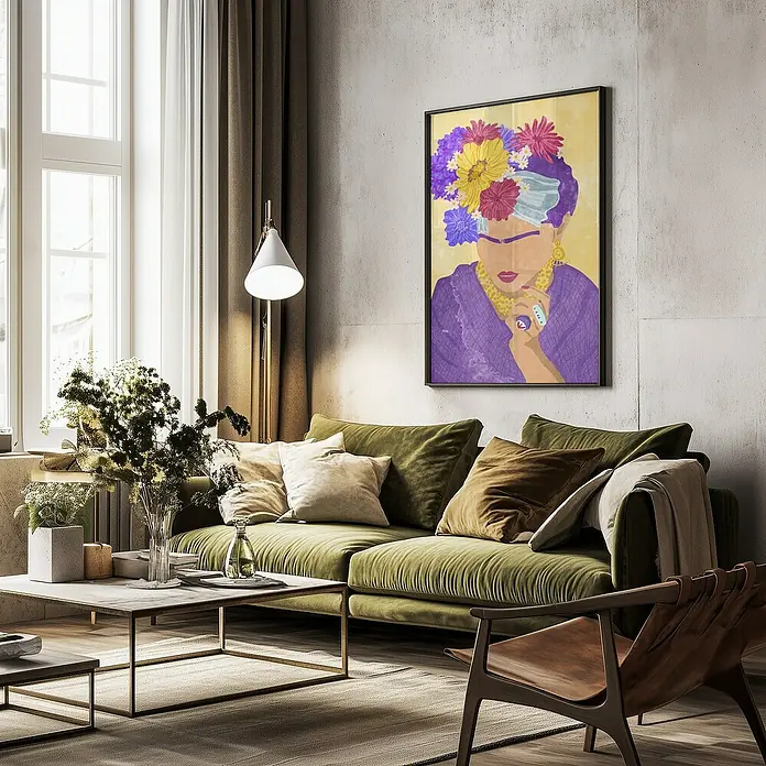 Papermoon Bild - Frida and Flowers, B x H: 70 x 100 cm, Ohne Passepartout, Rahmen Schwarz - Wohnzimmer mit grünem Sofa, Couchtisch und einem Frida Kahlo-Porträt an der Wand.
