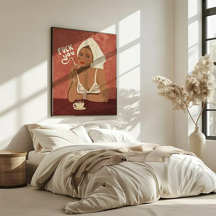Papermoon Bild - Morning Coffee, B x H: 100 x 140 cm, Ohne Passepartout, Rahmen Eiche - Elegantes Schlafzimmer-Dekor mit einem trendigen gerahmten Poster einer Frau, die eine Zigarette raucht und ein Handtuch trägt.