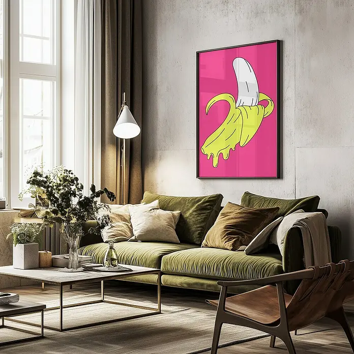 Papermoon Bild - Melting Pink Banana, B x H: 50 x 70 cm, Mit Passepartout, Rahmen Schwarz - Pinkfarbenes Bananen-Wandbild in einem stilvollen Wohnzimmer mit grünen Möbeln und natürlichen Elementen.