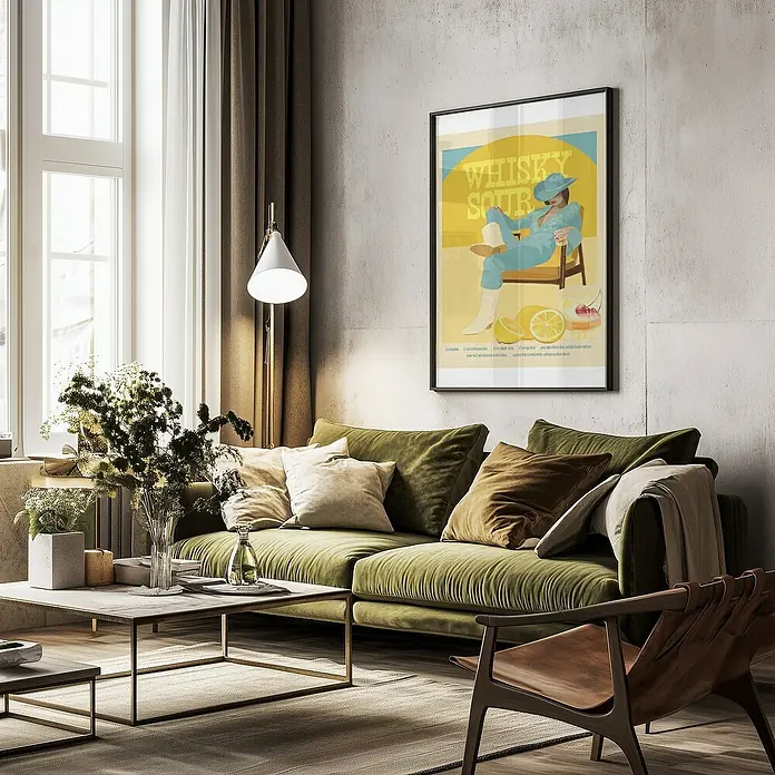 Papermoon Bild - Cocktails Whisky Sour, B x H: 100 x 140 cm, Ohne Passepartout, Rahmen Schwarz - Ein stilvolles Wohnzimmer mit einem grünen Sofa und einem Kunstdruck "Whiskey Sour" an der Wand.