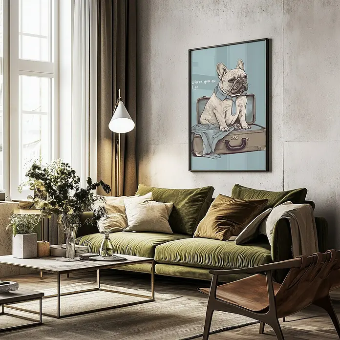 Papermoon Bild - Frenchie Want Travel, B x H: 70 x 100 cm, Ohne Passepartout, Rahmen Schwarz - Wohnzimmer mit grünem Sofa, Couchtisch und einem gerahmten Bild von einem Hund auf einem Koffer an der Wand.
