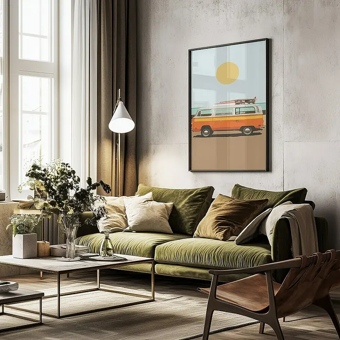 Papermoon Bild - Road Trip 1, B x H: 100 x 140 cm, Mit Passepartout, Rahmen Schwarz - Gemütliches Wohnzimmer mit grünem Sofa, Couchtisch und einem Poster eines VW-Busses, das eine entspannte Atmosphäre schafft.