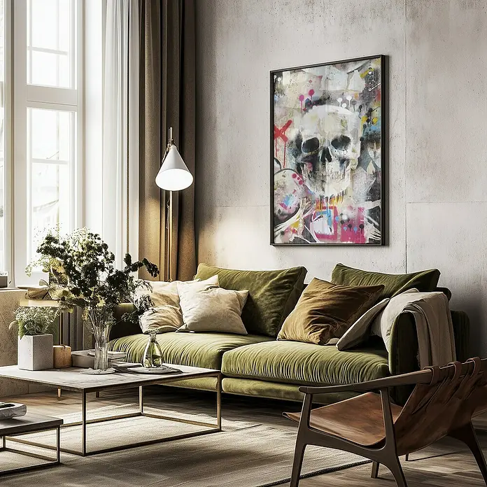 Papermoon Bild - Skull, B x H: 80 x 110 cm, Ohne Passepartout, Rahmen Schwarz - Ein stilvolles Wohnzimmer mit einem olivgrünen Sofa, einem abstrakten Schädel-Wandbild und eleganten Möbeln.