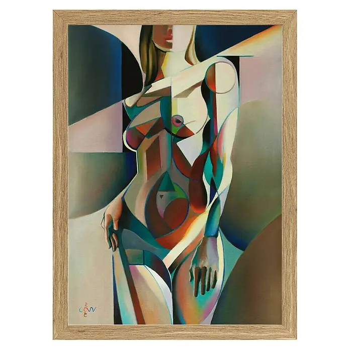 Papermoon Bild - Neo Deco, B x H: 40 x 50 cm, Ohne Passepartout, Rahmen Eiche - Gerahmtes Kunstwerk mit abstrakter, kubistisch anmutender Darstellung einer Frau in warmen und kühlen Farbtönen.