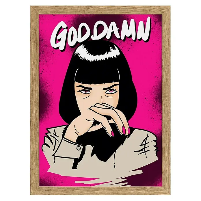 Papermoon Bild - Goodamn!, B x H: 70 x 100 cm, Ohne Passepartout, Rahmen Eiche - Gerahmtes Pulp Fiction-inspiriertes Kunstwerk mit Uma Thurman im Pop-Art-Stil. Die helle Farbpalette und der kühne Text sorgen für einen Hingucker.