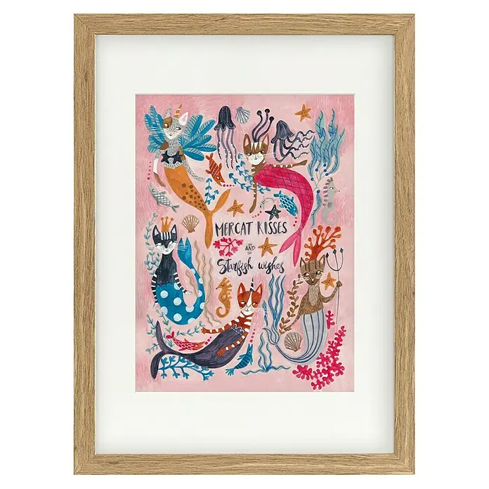 Papermoon Bild - Mercats and Caticorns, B x H: 50 x 70 cm, Mit Passepartout, Rahmen Eiche - Gerahmtes Bild mit Katzen-Meerjungfrauen-Illustration, verspieltes Design mit Meerestieren und dem Schriftzug "Mercat Kisses and Starfish Wishes".