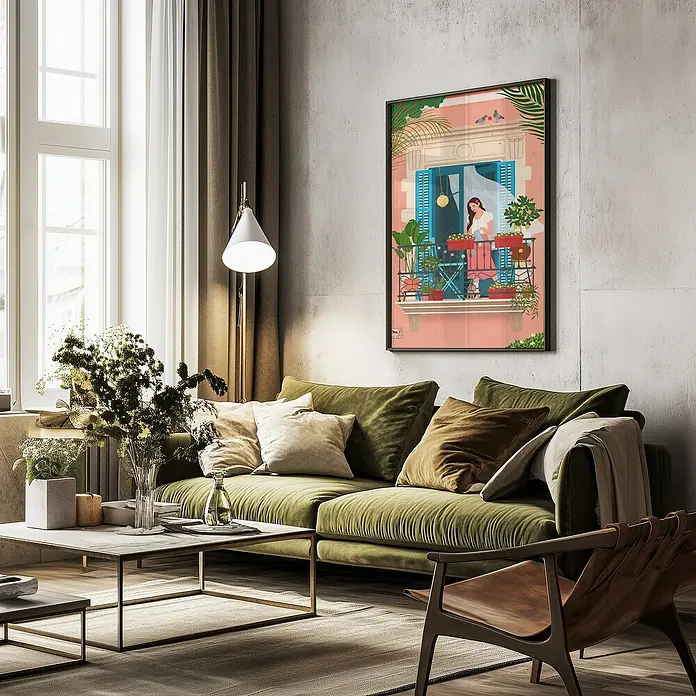 Papermoon Bild - Barcelona, B x H: 80 x 110 cm, Mit Passepartout, Rahmen Schwarz - Wohnzimmer mit grüner Couch und einem Bild mit einer Frau auf einem Balkon. Das Bild ist der Fokus des Raumes.