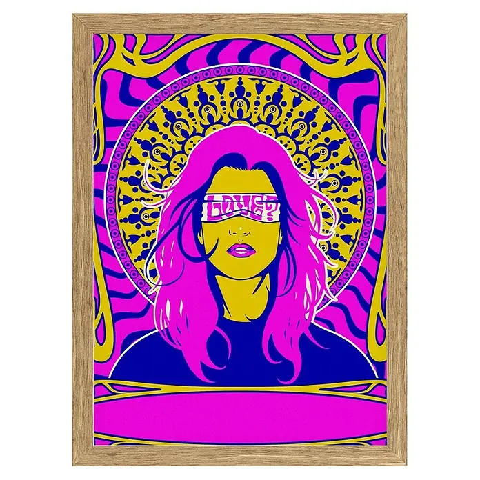 Papermoon Bild - Woman Series 1, B x H: 100 x 140 cm, Ohne Passepartout, Rahmen Eiche - Gerahmtes Wandbild im Pop-Art-Stil mit psychedelischem Muster und der Aufschrift "Liebe?". Ideal für moderne Innenräume und Kunstliebhaber.