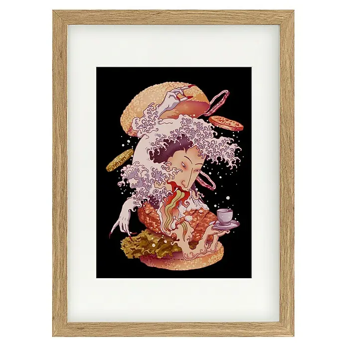 Papermoon Bild - Fusion Ghost, B x H: 40 x 50 cm, Mit Passepartout, Rahmen Eiche - Gerahmtes Kunstwerk eines Burgers mit fantasievollem Design. Einzigartige Wanddekoration für Feinschmecker und Kunstliebhaber.