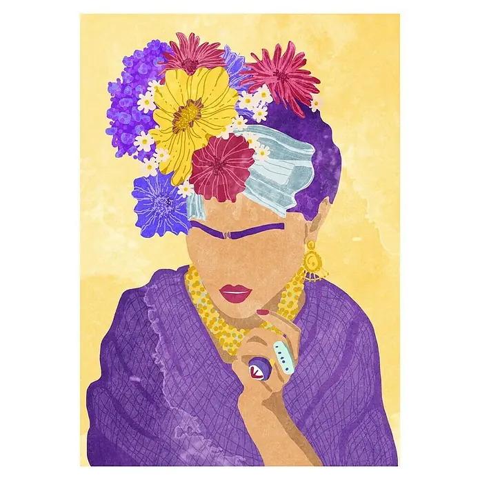 Papermoon Poster - Frida and Flowers, B x H: 50 x 70 cm, Ohne Passepartout - Ikonisches Frida Kahlo-Porträt mit Blumenkrone und traditionellem Schmuck, ein Blickfang für Kunstliebhaber.
