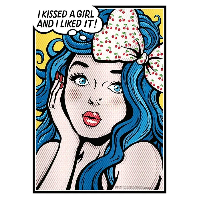 Papermoon Poster - I Kissed a Girl, B x H: 40 x 50 cm, Ohne Passepartout - Pop Art Bild einer Frau mit blauem Haar und Kirsch-Haarband, die "I kissed a girl and I liked it!" denkt.