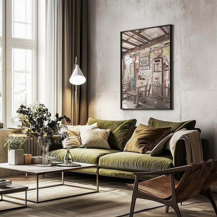 Papermoon Bild (Route 66 Gas Station, B x H: 100 x 140 cm, Ohne Passepartout, Rahmen Schwarz) | BAUHAUS