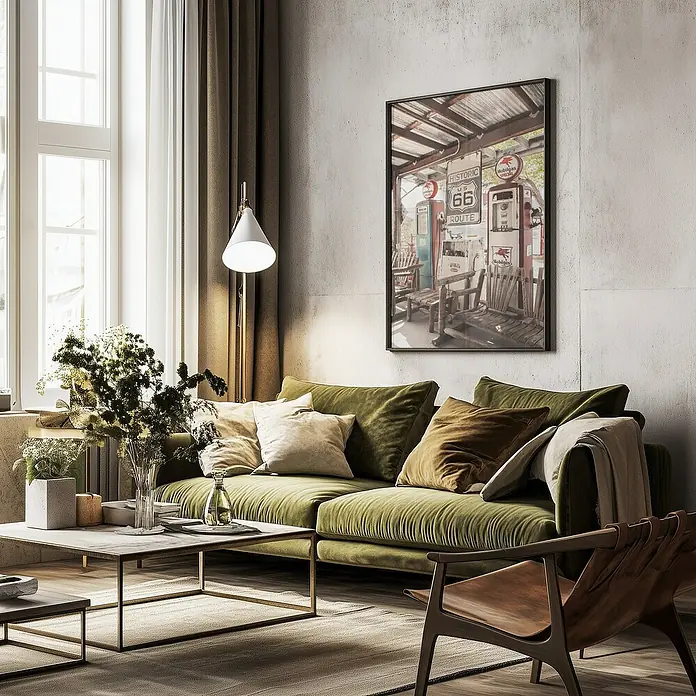 Papermoon Bild - Route 66 Gas Station, B x H: 70 x 100 cm, Ohne Passepartout, Rahmen Schwarz - Wohnzimmer mit grünem Sofa, Couchtisch und einem gerahmten Bild von Route 66 an der Wand. Elegantes Interieur mit warmer Atmosphäre.