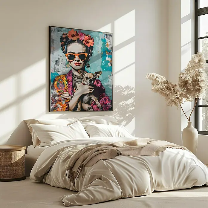 Papermoon Bild - Frida Chihuahua, B x H: 60 x 80 cm, Mit Passepartout, Rahmen Eiche - Ein auffälliges Kunstwerk von Frida mit Chihuahua hängt über einem stilvollen Bett mit beigen Textilien.