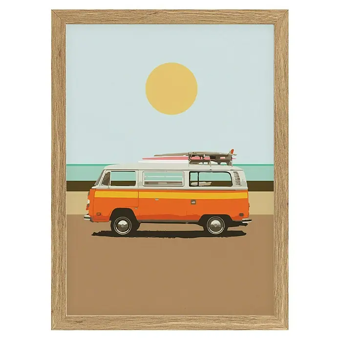 Papermoon Bild - Road Trip 1, B x H: 70 x 100 cm, Ohne Passepartout, Rahmen Eiche - Illustration eines Vintage-VW-Busses mit Surfbrettern auf einem sonnigen Strand in einem Holzrahmen.