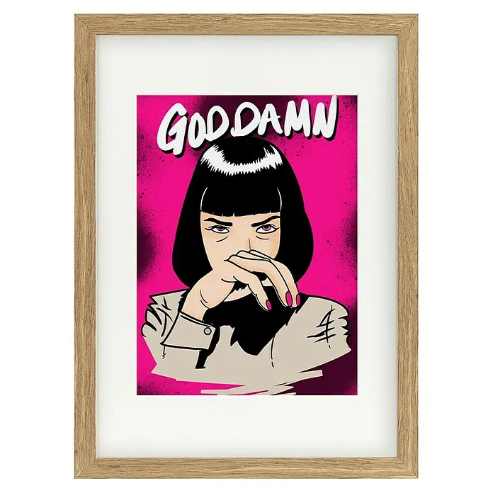Papermoon Bild - Goodamn!, B x H: 80 x 110 cm, Mit Passepartout, Rahmen Eiche - Gerahmtes Kunstwerk mit einem Pop-Art-Porträt einer Frau mit dem Schriftzug "GOD DAMN" vor pinkfarbenem Hintergrund.