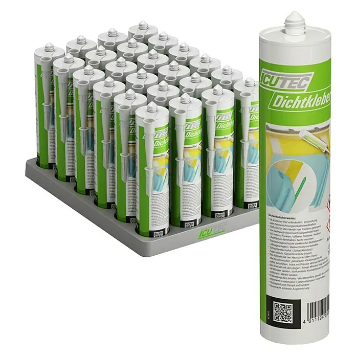 Icutec Dichtkleber - 310 ml - Abbildung einer Palette von CUTEC Dichtklebern und eine einzelne Kartusche, die die Marke und Sicherheitsinformationen hervorhebt.