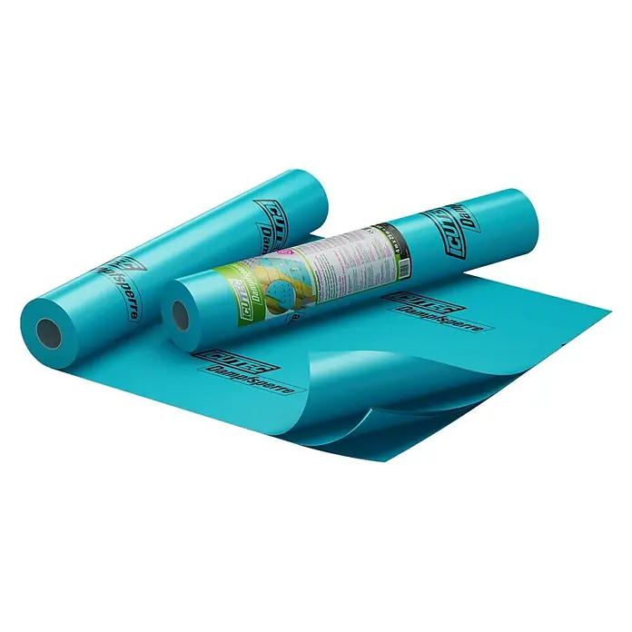 Icutec Dampfbremsfolie25 m², Polyethylen, sd-Wert: 100 m, Blau - Auf dem Bild sind zwei Rollen CUTEQ Dampfsperre zu sehen, eine davon ausgerollt, um die Oberfläche des Produkts hervorzuheben.