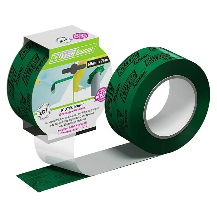 Icutec Klebeband Icusan - 25 m x 6 cm - Klebebandrolle von ICUTEC Icusan, 60 mm x 25 m, für luftdichte Verklebungen. Zu sehen sind auch Details zur Produktverpackung.