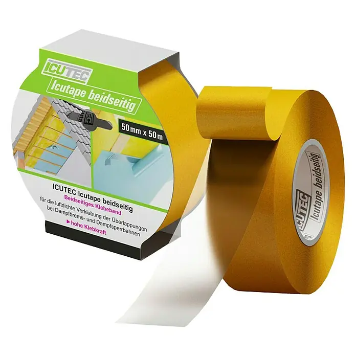Icutec Klebeband Icutape - 5 cm x 50 m, Beidseitig selbstklebend - Abbildung des ICUTEC Icutape beidseitig Klebebands, ideal für luftdichte Verklebungen. Hochwertiges, doppelseitiges Klebeband.