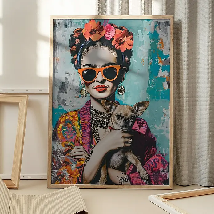 Papermoon Bild - Frida Chihuahua, B x H: 60 x 80 cm, Mit Passepartout, Rahmen Eiche - Stilvolles Frida Kahlo Leinwandbild mit Hund, eine moderne Interpretation des Klassikers. Perfekt für Kunstliebhaber und zur Dekoration jedes Raumes.