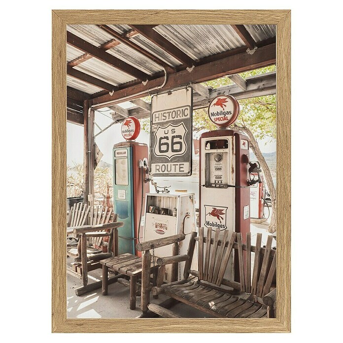Papermoon Bild (Route 66 Gas Station, B x H: 80 x 110 cm, Ohne Passepartout, Rahmen Eiche) | BAUHAUS