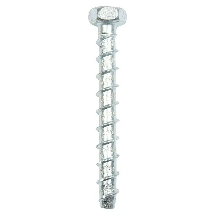 Profi Depot Kombibetonschraube - Durchmesser: 10,5 mm, Länge: 60 mm, V 40, 25 Stk. - Nahaufnahme einer Schraube mit spiralförmigem Gewinde und einem sechseckigen Schraubenkopf, ideal für Bau- und Befestigungsarbeiten.