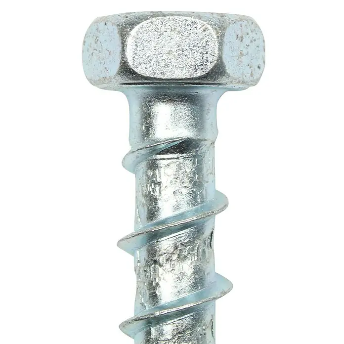 Profi Depot Kombibetonschraube - Durchmesser: 10,5 mm, Länge: 60 mm, V 40, 25 Stk. - Nahaufnahme einer Schraube mit spiralförmigem Gewinde und Sechskantkopf, ideal für Bau- und Befestigungsarbeiten.
