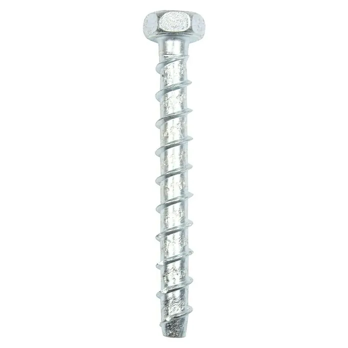 Profi Depot Kombibetonschraube - Durchmesser: 10,5 mm, Länge: 100 mm, V 40, 25 Stk. - Nahaufnahme einer Betonschraube mit spiralförmigem Gewinde und Sechskantkopf, ideal für Befestigungen in Beton und Mauerwerk.