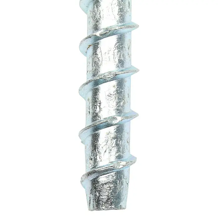 Profi Depot Kombibetonschraube - Durchmesser: 10,5 mm, Länge: 100 mm, V 40, 25 Stk. - Nahaufnahme einer glänzenden, silberfarbenen Schraube mit einem spiralförmigen Gewinde, die sich gut für Bau- und Reparaturarbeiten eignet.