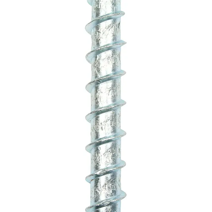 Profi Depot Kombibetonschraube - Durchmesser: 10,5 mm, Länge: 100 mm, V 40, 25 Stk. - Nahaufnahme einer langen, spiralförmigen Schraube aus Metall, die sich durch das Bild windet und Details der Oberfläche zeigt.