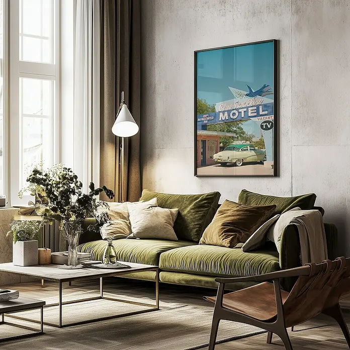 Papermoon Bild - Route 66, B x H: 50 x 70 cm, Mit Passepartout, Rahmen Schwarz - Ein modernes Wohnzimmer mit einem grünen Sofa, einem Couchtisch und einem Kunstwerk mit Motel-Motiv an der Wand. Stilvolle und einladende Atmosphäre.