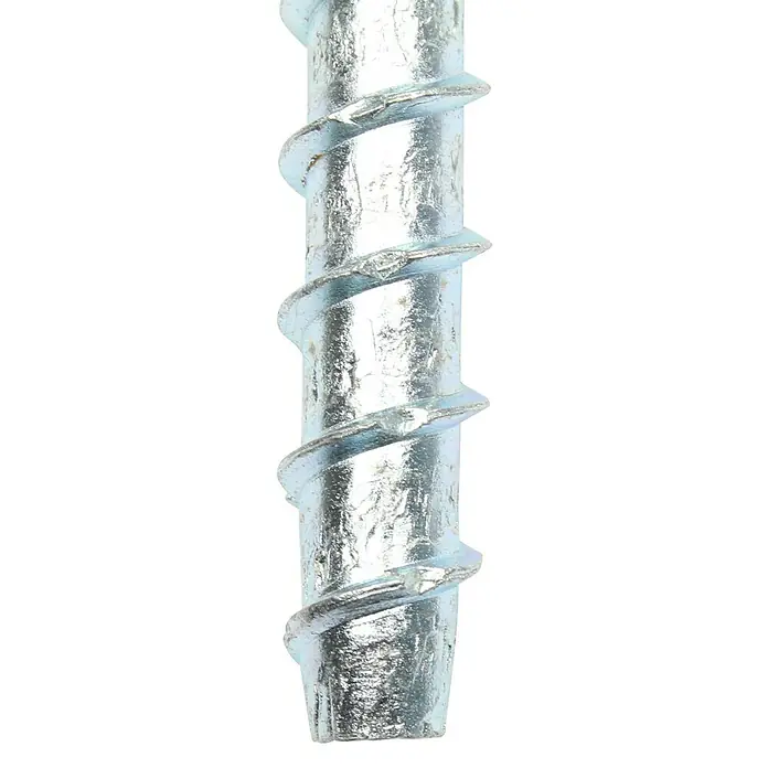 Profi Depot Kombibetonschraube - Durchmesser: 7,5 mm, Länge: 50 mm, V 30, 50 Stk. - Nahaufnahme einer glänzenden, silberfarbenen Schraube mit einem spiralförmigen Gewinde, die für Befestigungsarbeiten verwendet wird.