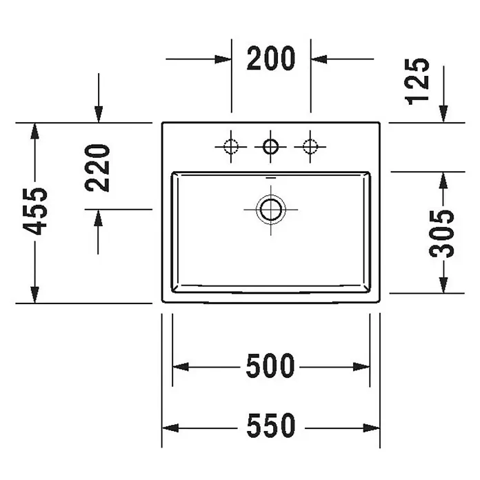Duravit Vero Air Einbauwaschbecken - 55 x 45,5 cm, Ohne Spezialglasur, Hahnloch: Ohne, Mit Überlauf, Weiß - Bild des Duravit Waschtisch Vero Air mit Maßen und Abmessungen, ideal für moderne Badezimmergestaltung.\n