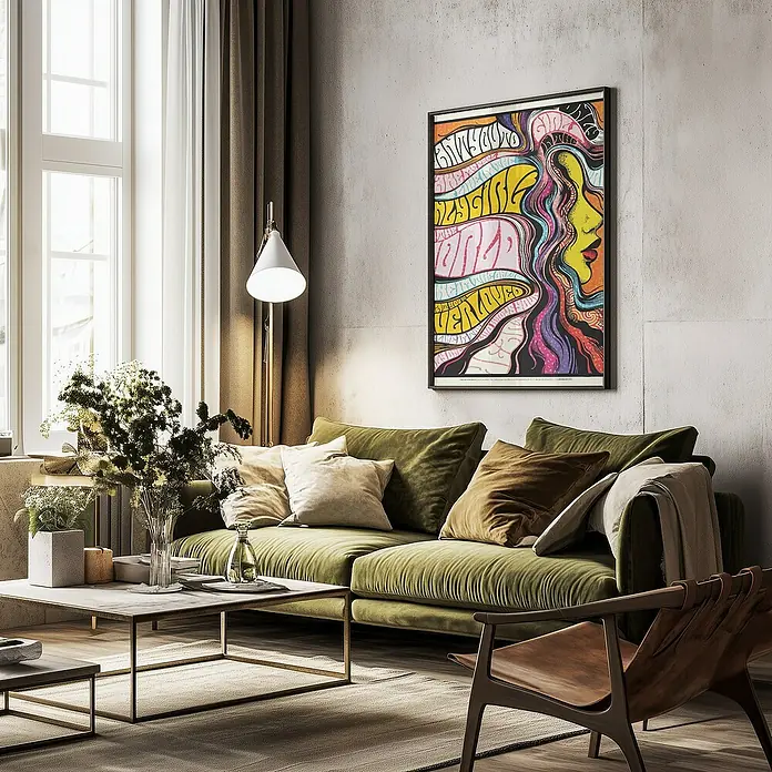 Papermoon Bild - Only Girl in World, B x H: 60 x 80 cm, Mit Passepartout, Rahmen Schwarz - Ein Wohnzimmer mit einem olivgrünen Sofa, einem Couchtisch und einem bunten Kunstdruck an der Wand.