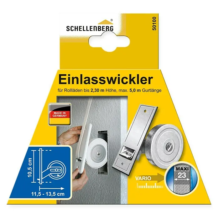 Schellenberg Recogedor de cinta de persiana - Distancia entre orificios: 105 mm, Anchura de la correa: 23 mm, Máx. Longitud de la cinta: 5 m - Embalaje del producto para el enrollador de correa empotrado de Schellenberg. El enrollador es adecuado para persianas enrollables de hasta 2,30 m de altura y 5,0 m de longitud de correa.
