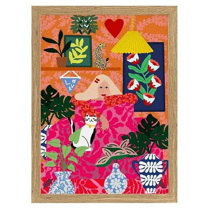 Papermoon Bild - Cat Lady, B x H: 60 x 80 cm, Ohne Passepartout, Rahmen Eiche - Lebhaftes, gerahmtes Wandbild mit einer Frau, einer Katze und Pflanzen in einem farbenfrohen, illustrativen Stil. Ein echtes Highlight für jeden Raum!