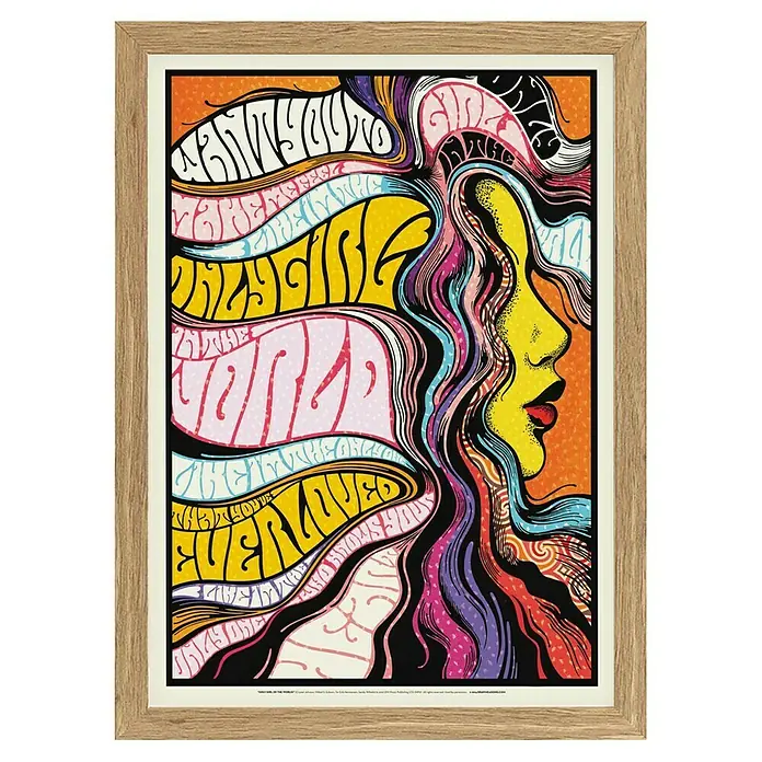 Papermoon Bild - Only Girl in World, B x H: 60 x 80 cm, Ohne Passepartout, Rahmen Eiche - Gerahmter Kunstdruck mit psychedelischem Design einer Frau. Farbenfrohe und auffällige Wandkunst für lebendige Akzente im Raum.