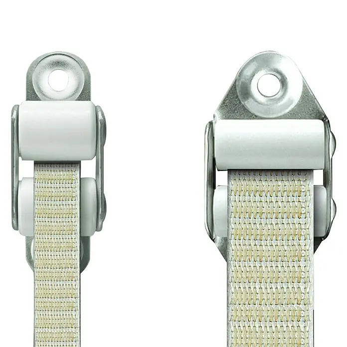 Schellenberg Guía para correa Mini - Anchura de la correa: 14 mm, Apto para: Mini sistemas de persianas enrollables, Blanco - Primer plano de dos hebillas de leva con rodillo, con hebilla metálica y correa de tela, ideales para sujetar objetos.