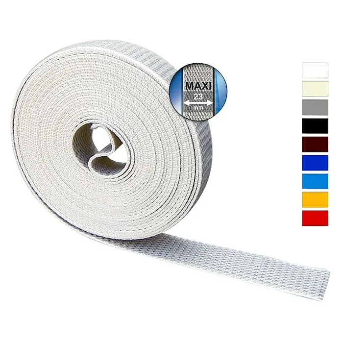 Schellenberg Rollladengurt MaxiBeige, Länge: 6 m, Gurtbreite: 23 mm - Graues, gewebtes Maxi-Gurtband auf einer Rolle, ideal für verschiedene Anwendungen. Verfügt über eine hohe Qualität und Reissfestigkeit.