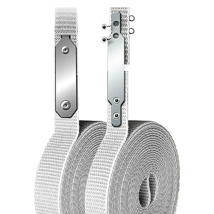 Schellenberg Gurtfix MiniLänge: 4,3 m, Gurtbreite: 14 mm, Grau - Das Bild zeigt zwei Rollen weißes Textilband mit Metallschnallen. Das Band ist ordentlich aufgerollt und wirkt hochwertig.