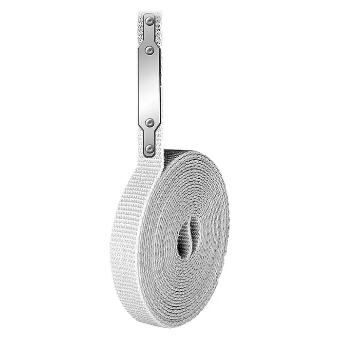 Schellenberg Gurtfix MiniLänge: 4,3 m, Gurtbreite: 14 mm, Grau - Nahaufnahme eines aufgerollten, weißen Textilbandes mit silberner Halterung, ideal für verschiedene Anwendungen und Projekte.