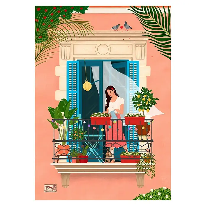 Papermoon Poster - Barcelona, B x H: 100 x 140 cm, Ohne Passepartout - Ein sonniger Balkon mit blühenden Pflanzen, einer Frau beim Gießen und friedlichen Tauben. Ein entspannender Ort zum Verweilen.