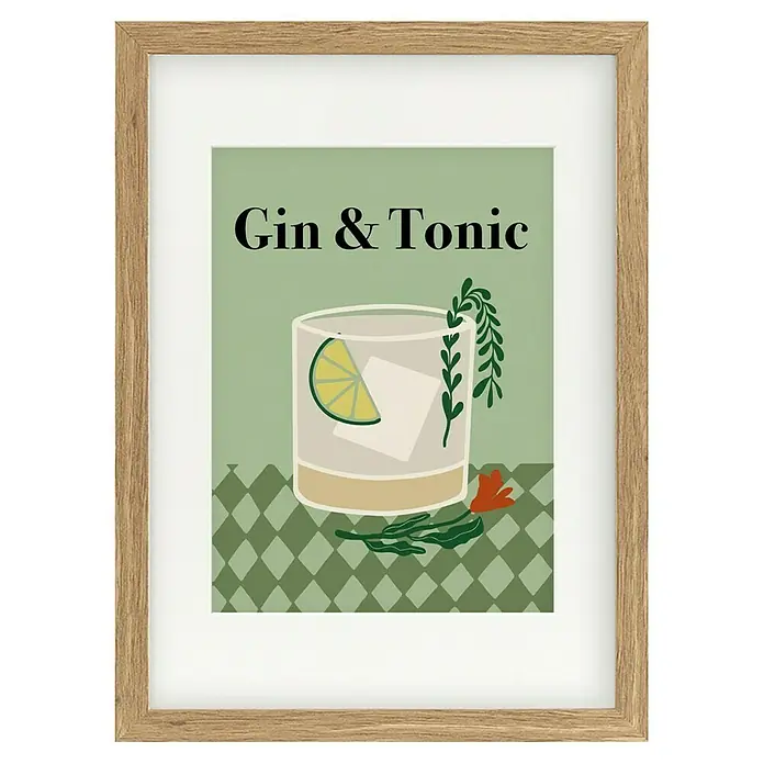 Papermoon Bild - Gin a Tonic, B x H: 80 x 110 cm, Mit Passepartout, Rahmen Eiche - Gerahmtes Gin & Tonic-Kunstdruck mit einem erfrischenden Getränkemotiv, ideal für Bar- oder Küchendekorationen mit stilvollem Holzrahmen.
