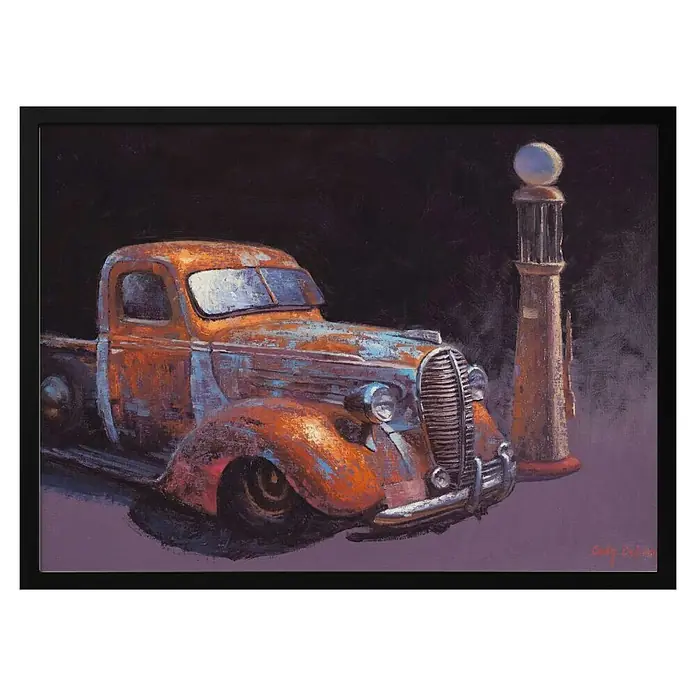 Papermoon Bild - Rusted Pickup Truck, B x H: 140 x 100 cm, Ohne Passepartout, Rahmen Schwarz - Gemälde eines verrosteten Oldtimer-Trucks neben einer alten Zapfsäule, das die Vergänglichkeit der Zeit und den Charme des Alters einfängt.