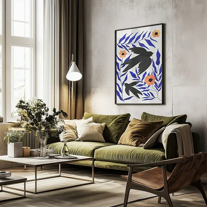 Papermoon Bild - Swallow Flowers, B x H: 50 x 70 cm, Mit Passepartout, Rahmen Schwarz - Elegantes Wohnzimmer mit olivgrünem Sofa, modernem Couchtisch und einem stilvollen Kunstwerk an der Wand, das dem Raum Charakter verleiht.